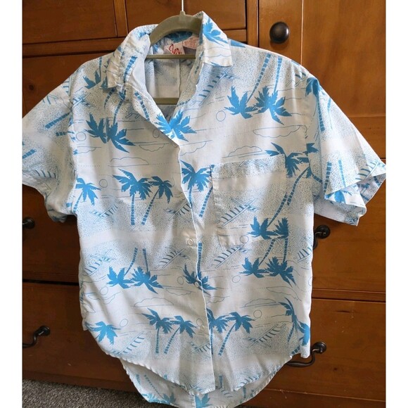 Vintage Eber Medium Hawaiian Shirt Blue White Short Sleeve Button Down Tropical - Picture 1 of 11